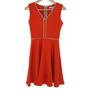 Reed Geranium Orange Fit and Flare Dress with Tan Piping‎ V-Neck XS